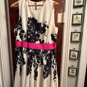 Eliza J Cream Dress with Black Floral and Pink Accent
